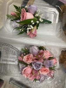 Pink and Lavender wrist corsage and boutonierre