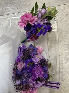 Shades of Purple wrist corsage and boutonniere