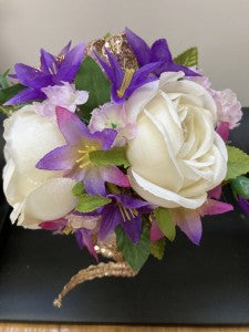 Silk White roses and Purple Wrist Corsage