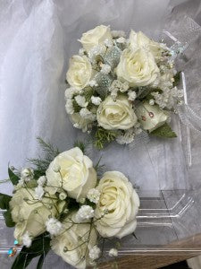 White rose Wrist corsage and Boutonniere