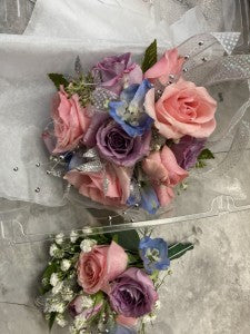 Lavender Blue and Pink Wrist corsage and Boutonniere