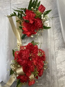 Red Wrist corsage and Boutonniere