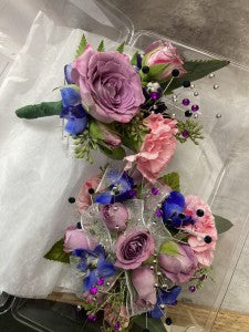Lavender blue and pink Wrist corsage and Boutonniere