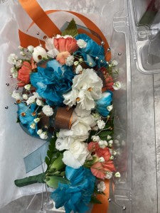 Teal and Orange Wrist corsage and boutonniere