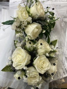 White Roses wrist corsage and Boutonniere