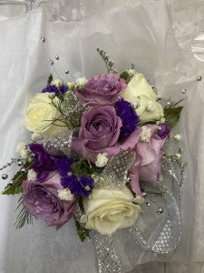 Purple and white Wrist Corsage only