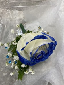 True Blue tipped rose Boutonniere
